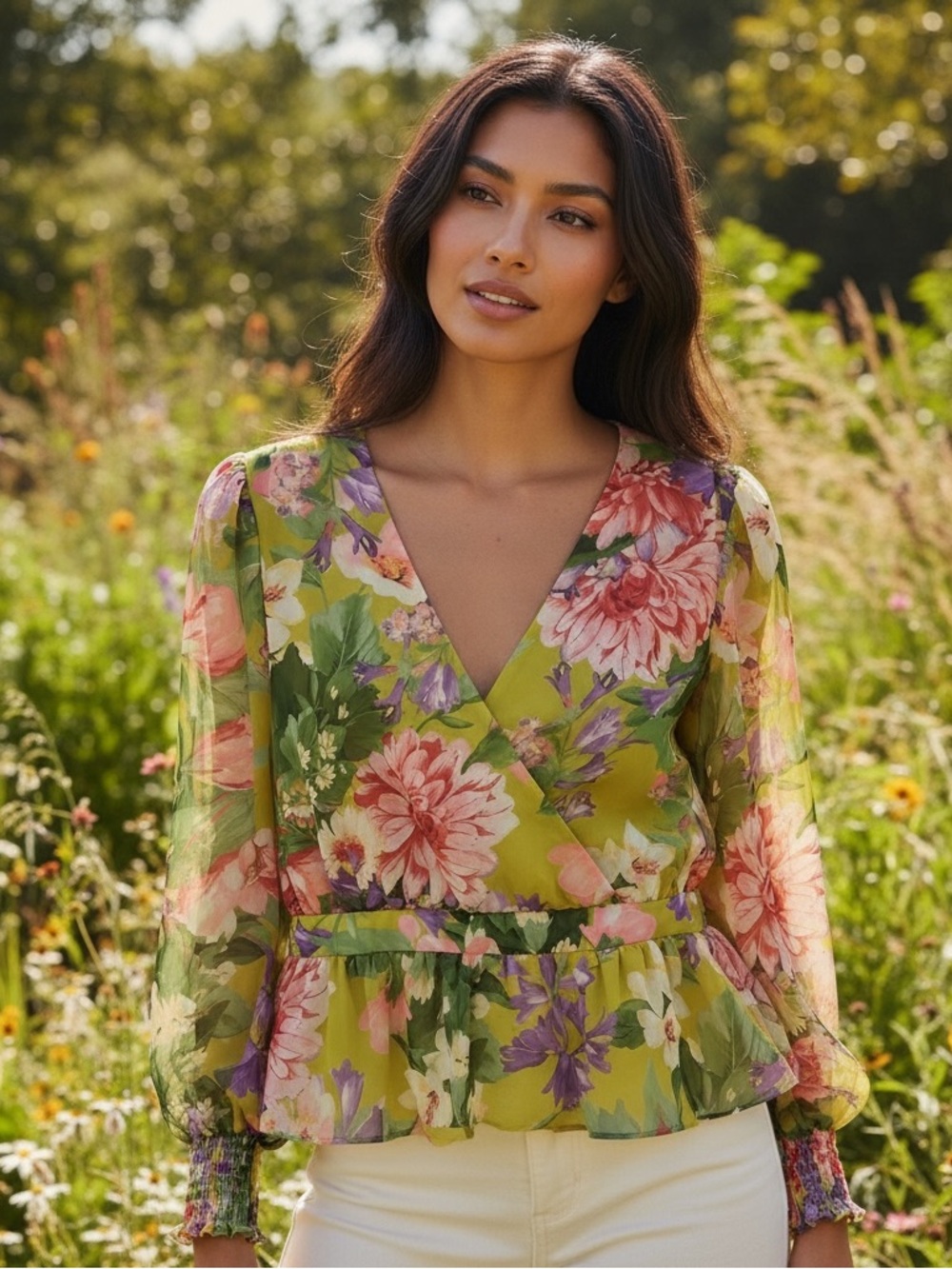 Large Express Floral V-Neck Wrap Front Green Blouse
